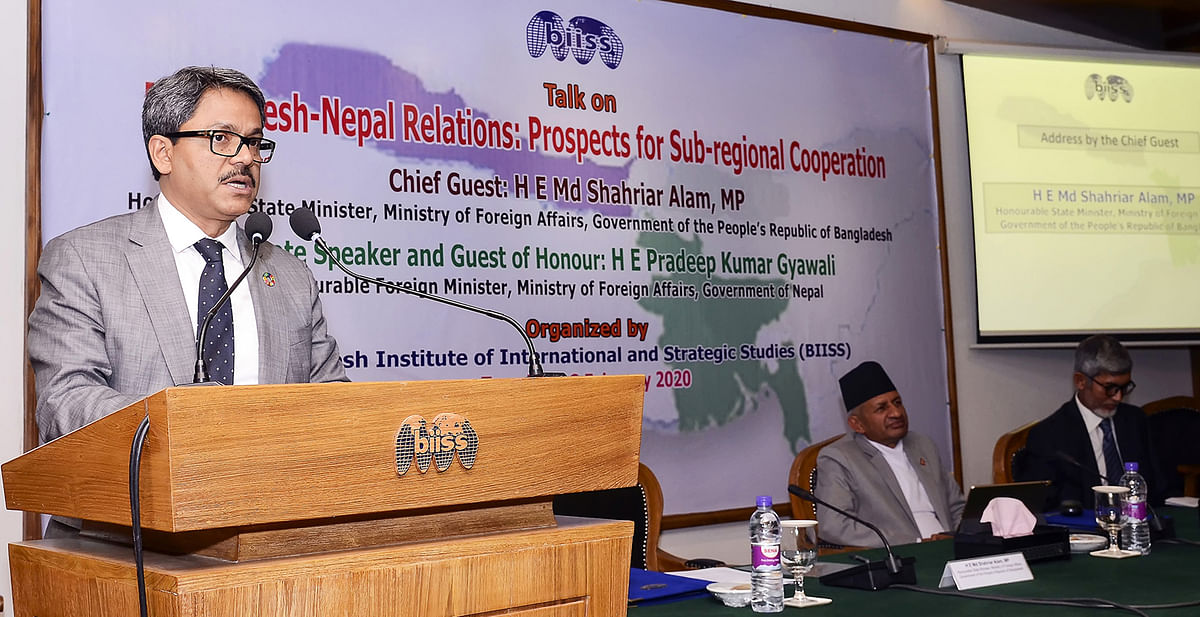 State minister for foreign affairs M Shahriar Alam addresses as the chief guest at a discussion on `Bangladesh-Nepal Relations: Prospects for Sub-regional Cooperation` at BIISS auditorium, Dhaka on 18 February 2020. Photo: PID