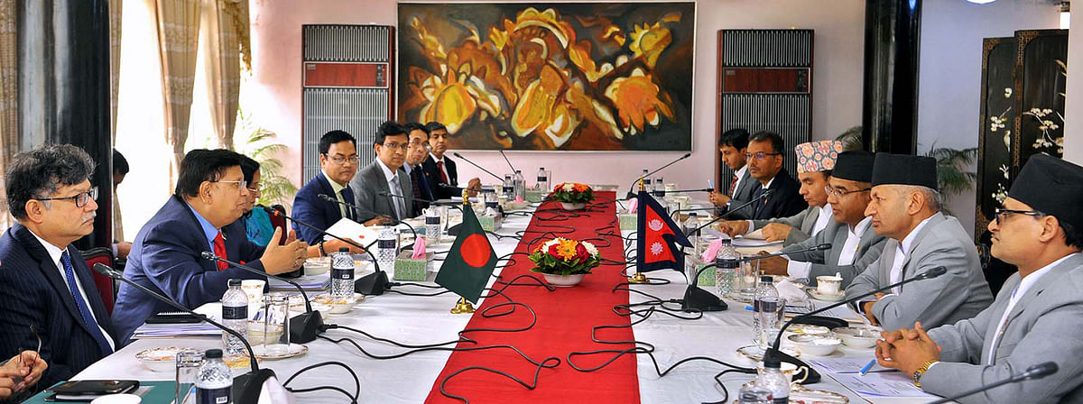 Bangladesh foreign minister Abdul Momen leads the Bangladesh side in a bilateral meeting with a Nepal delegation led by the country`s foreign minister Pradeep Kumar Gyawali at state guesthouse Meghna, Dhaka on 18 February 2020. Photo: PID