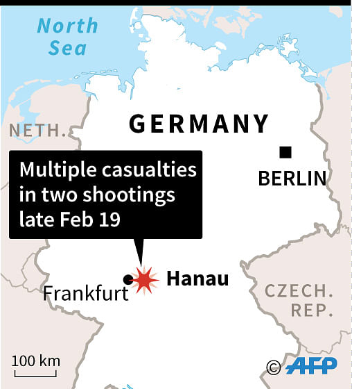 Map of Germany locating Hanau near Frankfurt where at least eight people were killed in two shootings late Wednesday. Photo: AFP