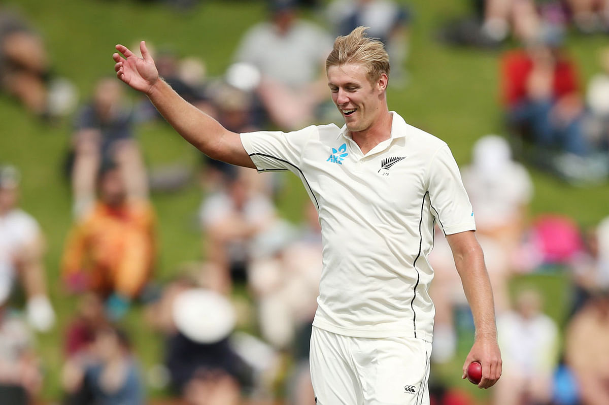 New Zealand`s Kyle Jamieson appeals for a wicket. Photo: Reuters