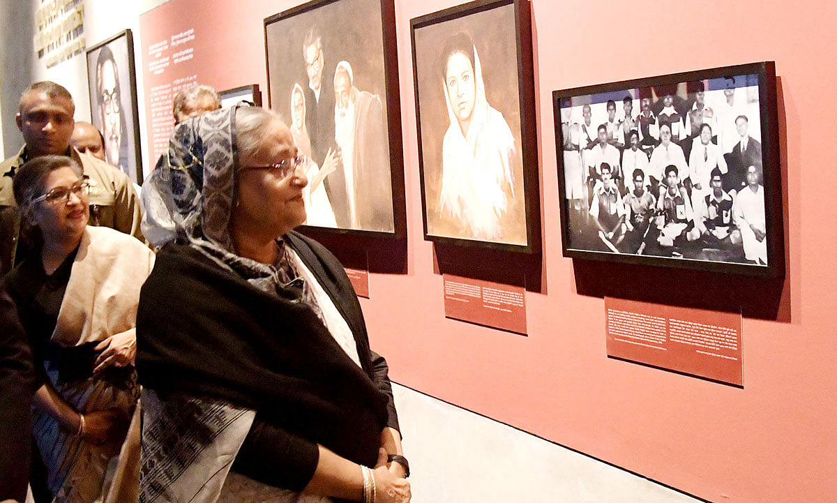 Prime minister Sheikh Hasina visits a photo and painting exhibition on Bangabandhu Sheikh Mujibur Rahman at Shilpakala Academy in Segunbagicha, Dhaka on 21 February 2020. Photo: PID