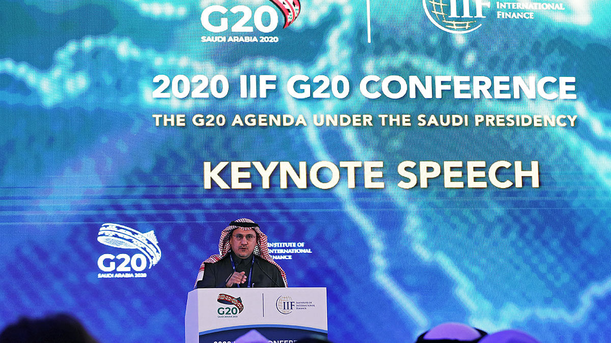 Saudi Arabia`s central bank governor Ahmed al-Kholifey speaks at an economic conference, where finance leaders of the world`s 20 largest economies are gathered, in Riyadh, Saudi Arabia, on 22 February 2020. Photo: Reuters