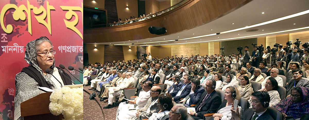 Prime minister Sheikh Hasina addresses the inauguration of a four-day programme of the International Mother Language Institute at Segunbagicha, Dhaka on the occasion of the Amar Ekushey and the International Mother Language Day on 21 February 2020. Photo: PID