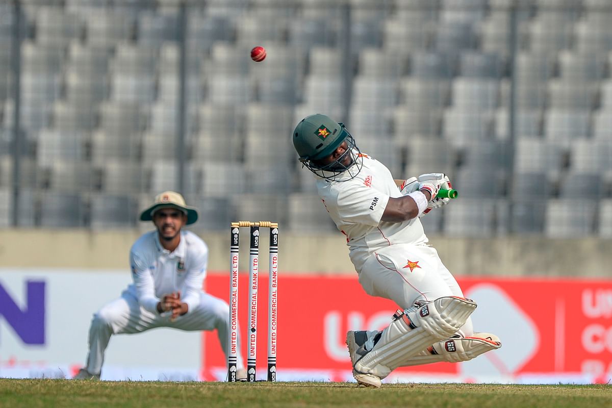 Zimbabwe`s Prince Masvaure plays a shot during the first day of the first Test cricket match between Bangladesh and Zimbabwe at the Sher-e-Bangla National Cricket Stadium in Dhaka on 22 February 2020. Photo: AFP