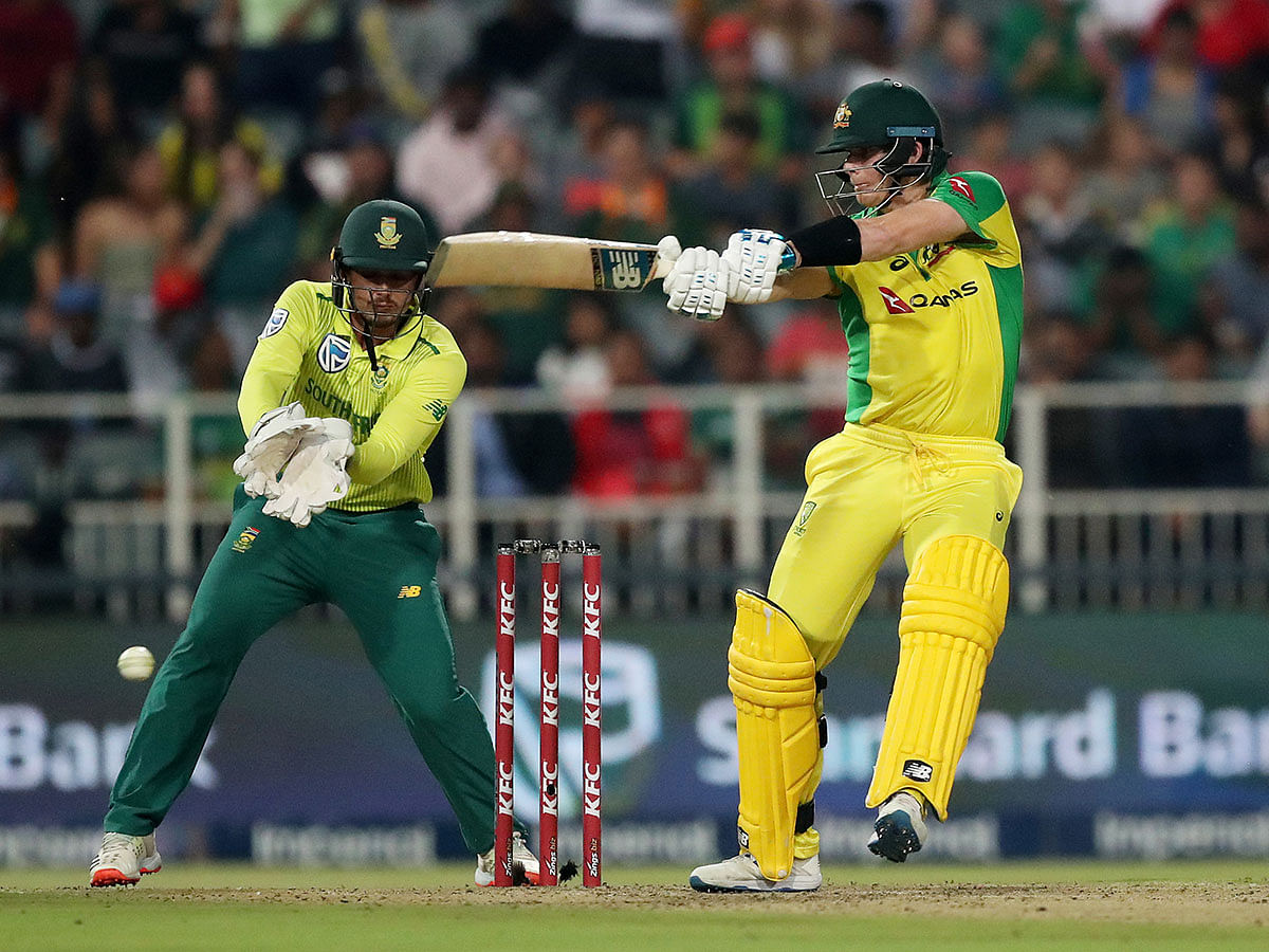 Australia`s Steven Smith plays a shot in First T20 against South Africa at Imperial Wanderers Stadium, Johannesburg, South Africa on 21 February 2020. Photo: Reuters