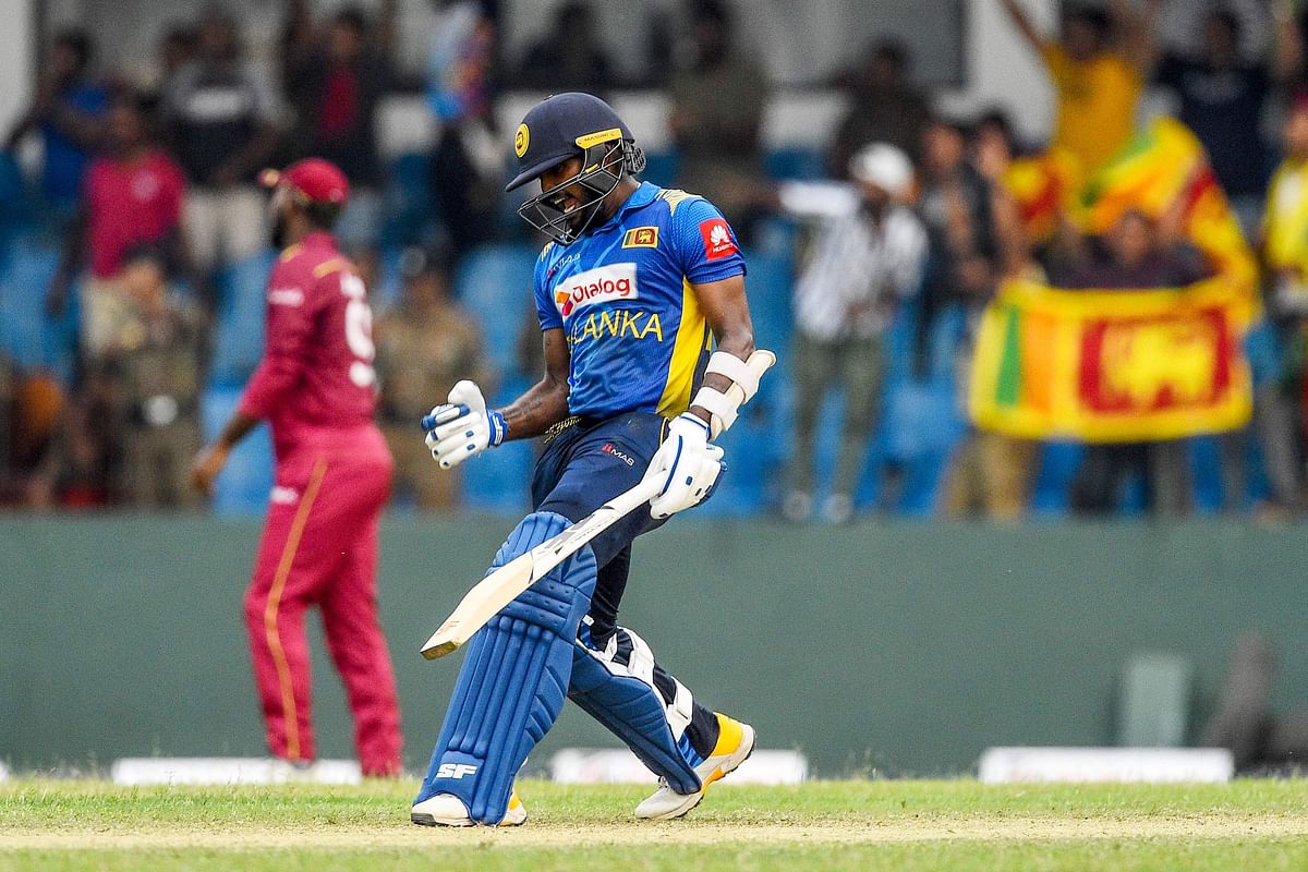 Sri Lanka`s Wanindu Hasaranga celebrates after Sri Lanka won by 1 wicket during the first one day international (ODI) cricket match between Sri Lanka and West Indies at the Sinhalese Sports Club (SSC) International Cricket Stadium in Colombo on 22 February, 2020. Photo: AFP