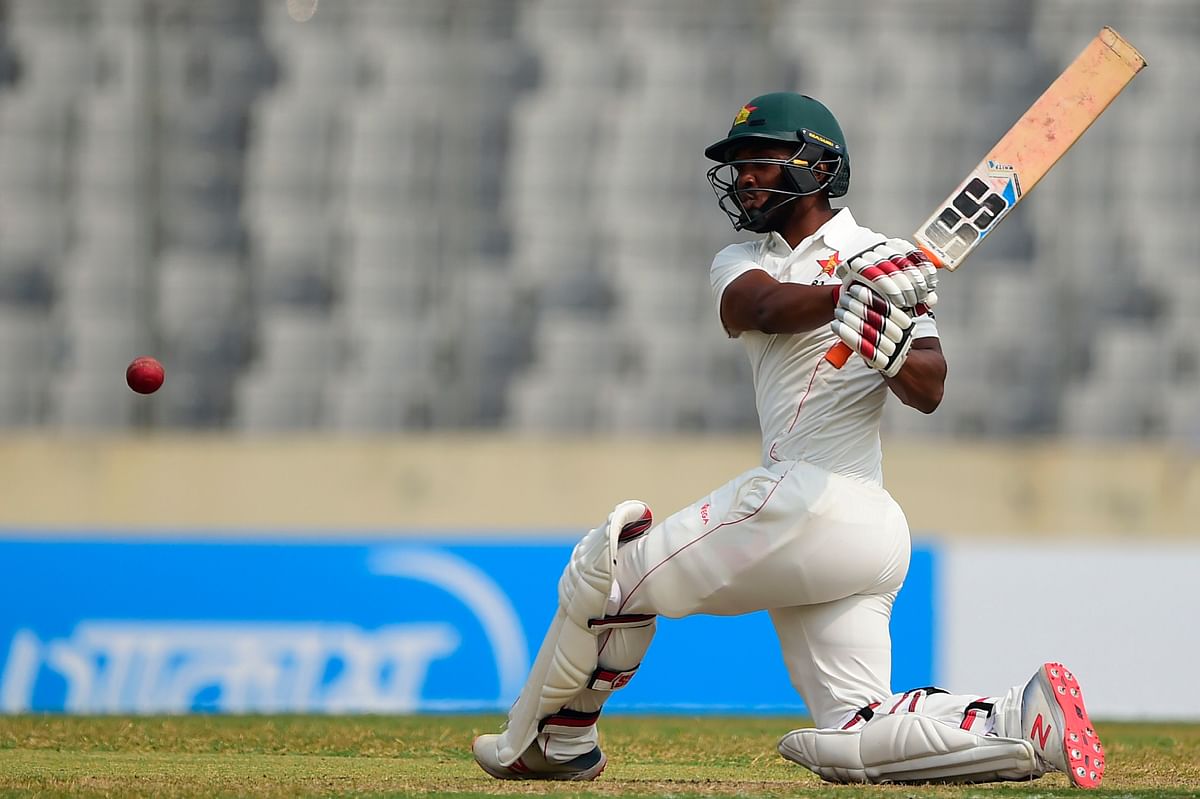 Zimbabwe`s Regis Chakabva plays a shot during the second day of the first Test cricket match between Bangladesh and Zimbabwe at the Sher-e-Bangla National Cricket Stadium in Dhaka on 23 February 2020. Photo: AFP