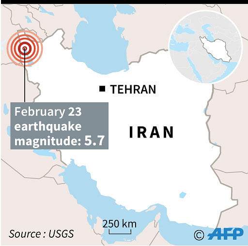 Map locating epicenter of a 5.7-magnitude earthquake which struck Iran Sunday