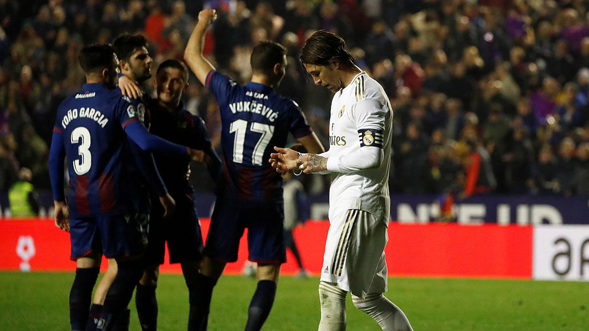 Real Madrid`s Sergio Ramos looks dejected after the match against Levante at Estadi Ciutat de Valencia, Valencia, Spain on 22 February 2020. Photo: Reuters
