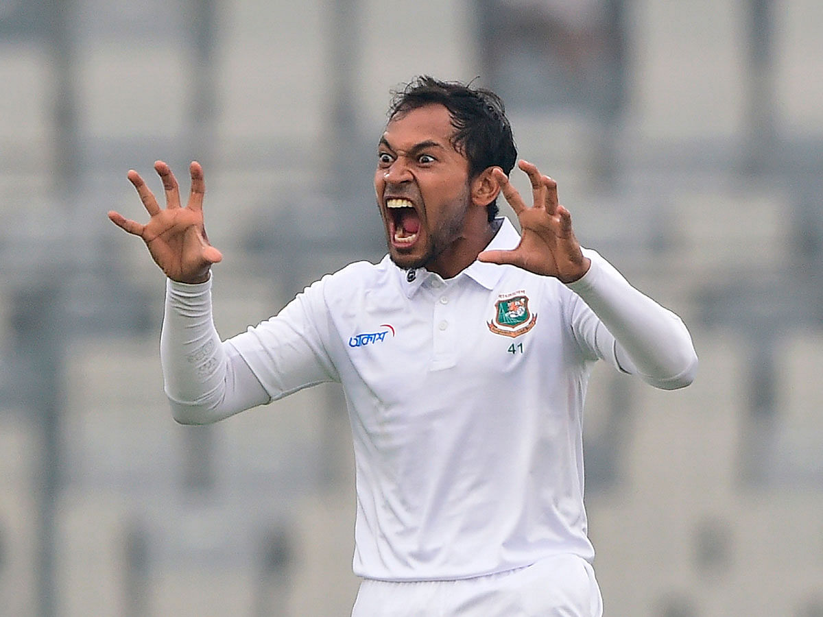 Bangladesh`s Mushfiqur Rahim reacts after scoring a double century (200 runs) during the third day of a Test cricket match between Bangladesh and Zimbabwe at the Sher-e-Bangla National Cricket Stadium in Dhaka on 24 February, 2020. Photo: AFP