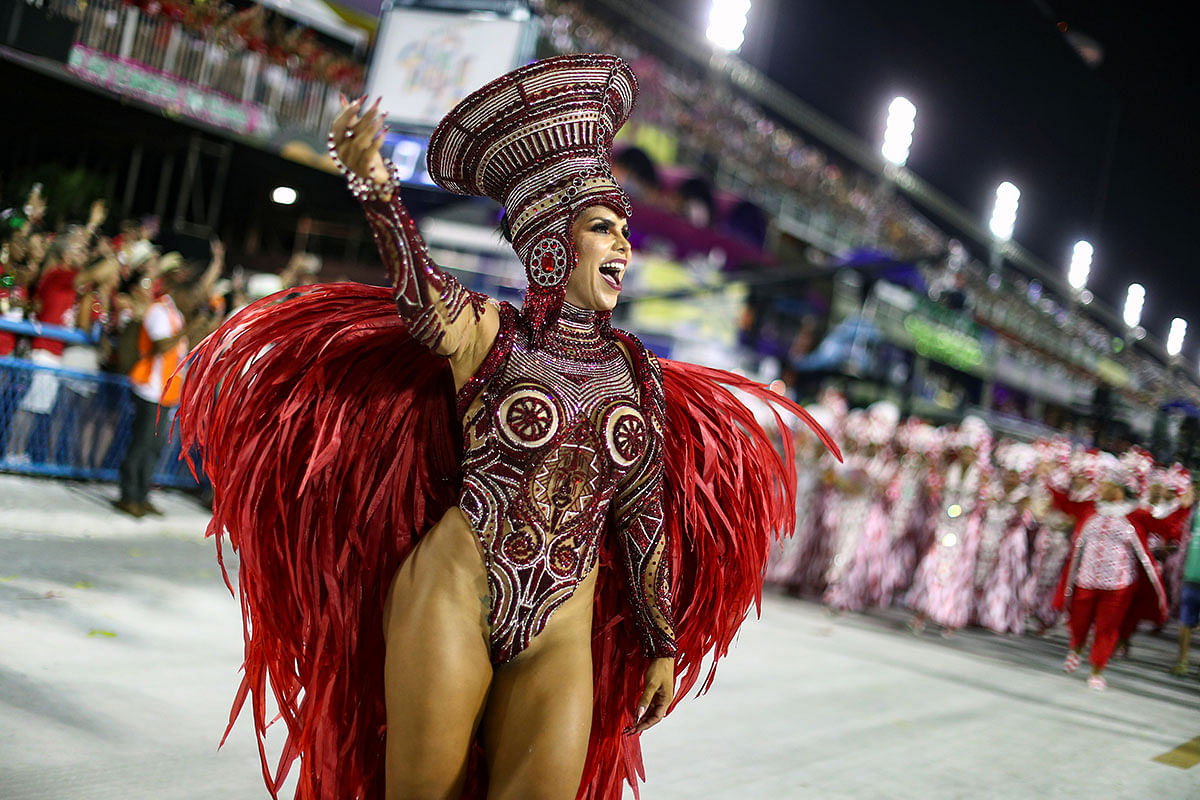 Drum queen Raissa Machado of Viradouro samba school performs during the first night of the Carnival parade at the Sambadrome in Rio de Janeiro, Brazil on 23 February. Photo: Reuters
