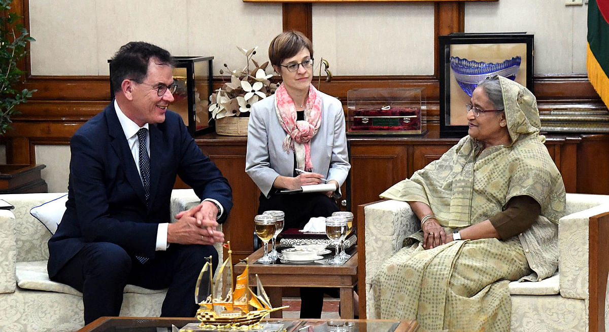 German federal minister of economic cooperation and development Gerd Muller pay a courtesy call on prime minister Sheikh Hasina at her official Ganabhaban residence, Dhaka on 25 February 2020. Photo: PID