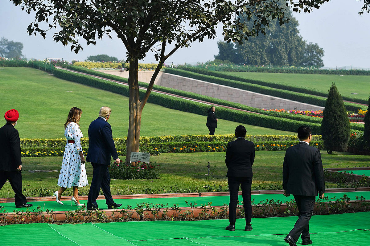US president Donald Trump and First Lady Melania Trump arrive to pay tribute at Raj Ghat, the memorial for Indian independence icon Mahatma Gandhi, in New Delhi on 25 February 2020. Photo: AFP