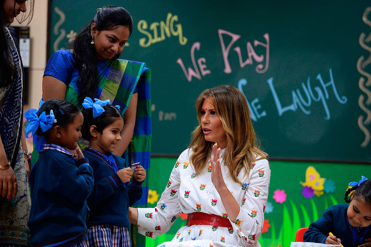 US First Lady Melania Trump (C) interacts with students during her visit at Sarvodaya Co-Ed Senior Secondary School, in New Delhi on 25 February 2020. Photo: AFP