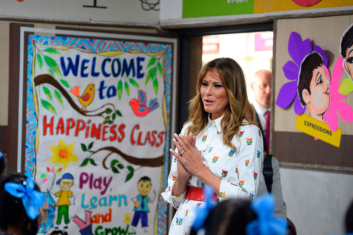 US First Lady Melania Trump (C) interacts with students in a classroom during her visit at Sarvodaya Co-Ed Senior Secondary School, in New Delhi on 25 February 2020. Photo: AFP