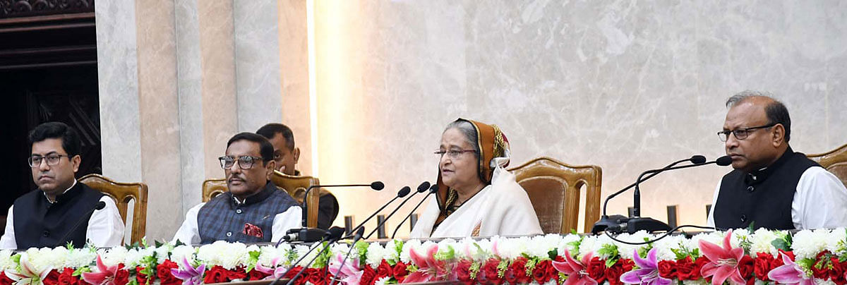 Prime minister Sheikh Hasina addresses the programme organised for the sworn in of two mayors and 172 councillors from the general wards and reserved women’s seats of two Dhaka city corporations at the Prime Minister’s Office, Dhaka on 27 February 2020. Photo: PID