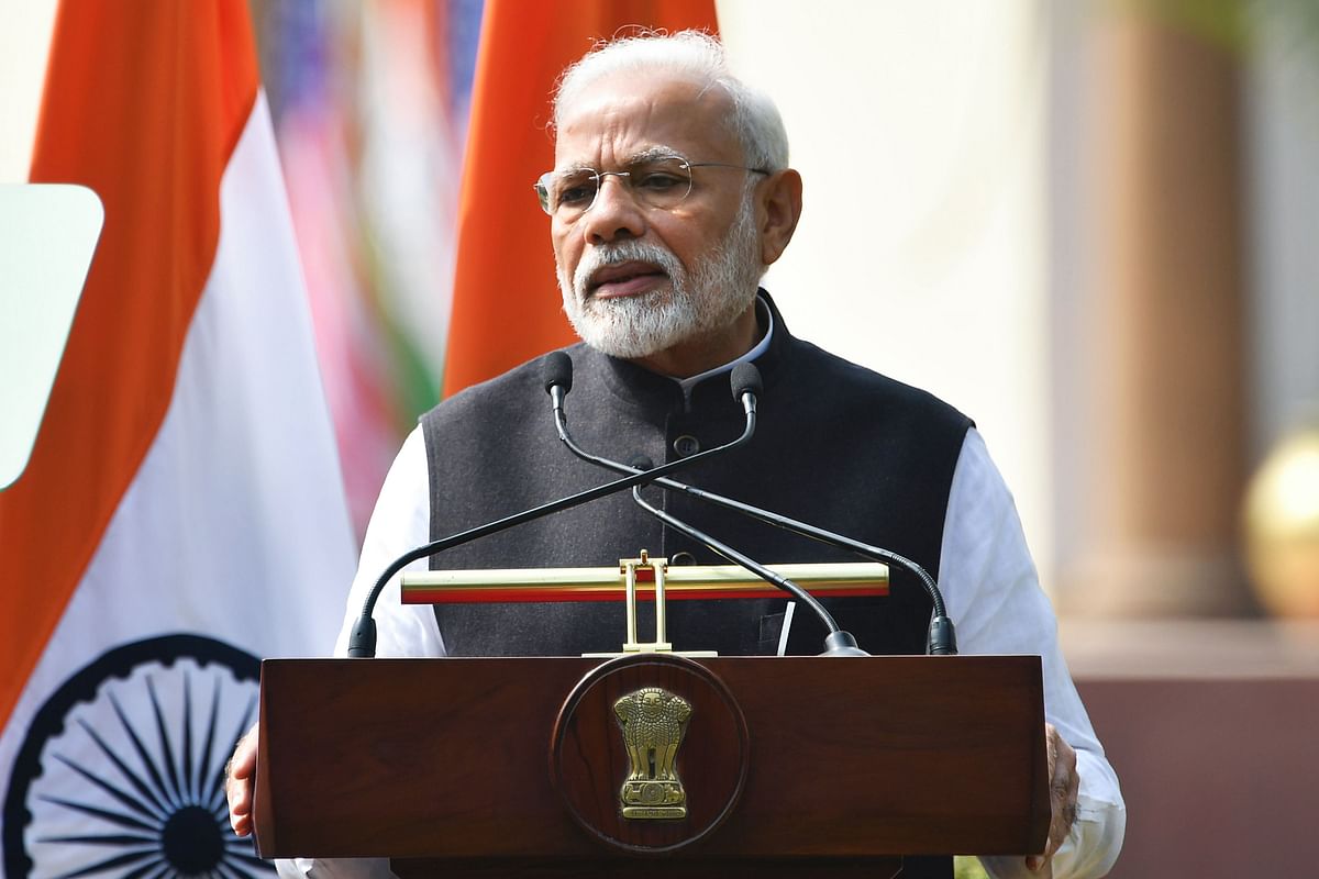 India`s prime minister Narendra Modi speaks during a joint press conference with US president Donald Trump (not pictured) at Hyderabad House in New Delhi on 25 February 2020. Photo: AFP