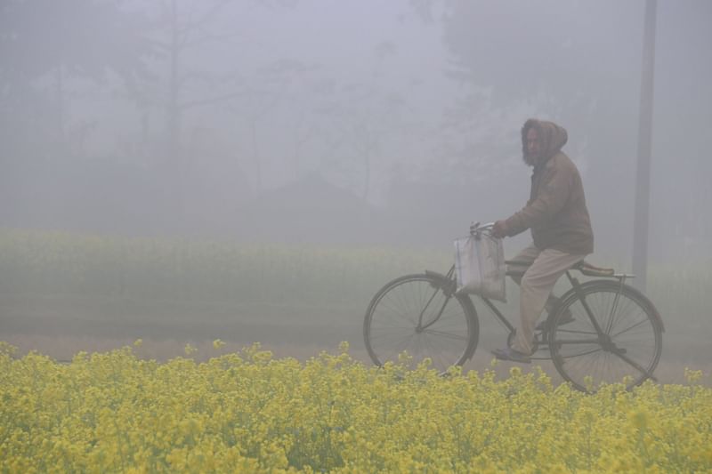 A man rides a bicycle amid cold wave in Rangpur