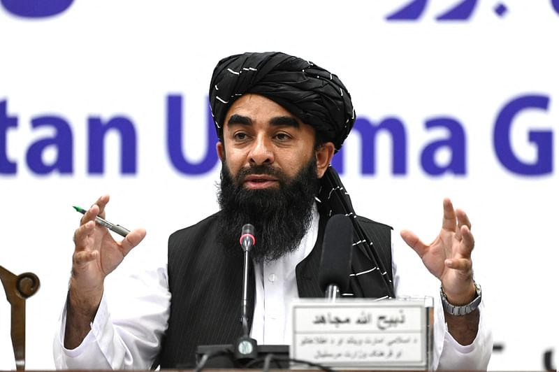 Taliban spokesman Zabihullah Mujahid speaks during a press conference in Kabul on 30 June, 2022