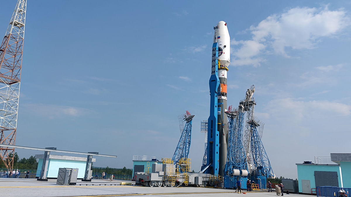 Rocket launch from cosmodrome. Fight of space rocket in blue sky