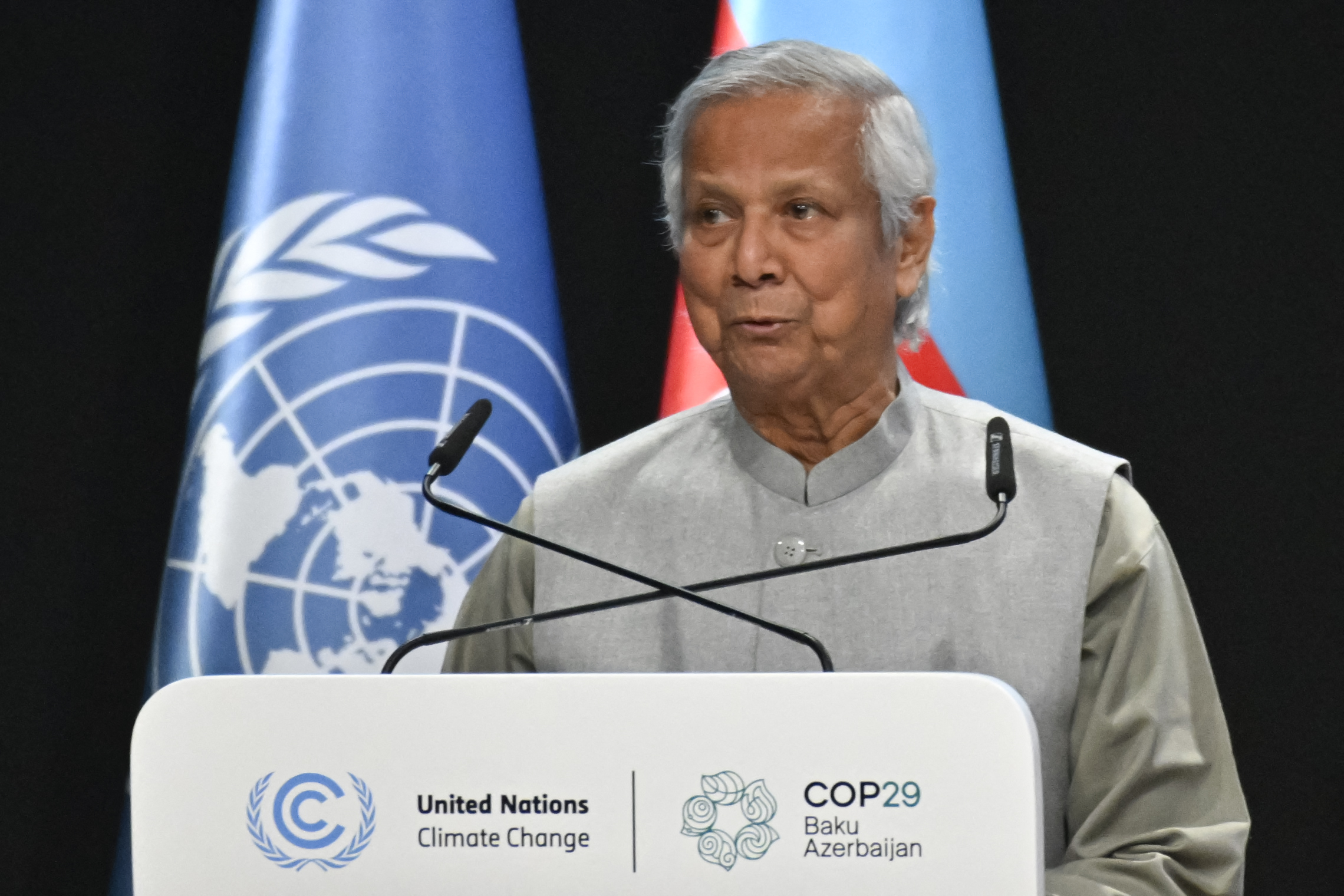 Bangladesh’s interim leader Muhammad Yunus gives a speech during the United Nations Climate Change Conference (COP29) in Baku on 13 November 2024