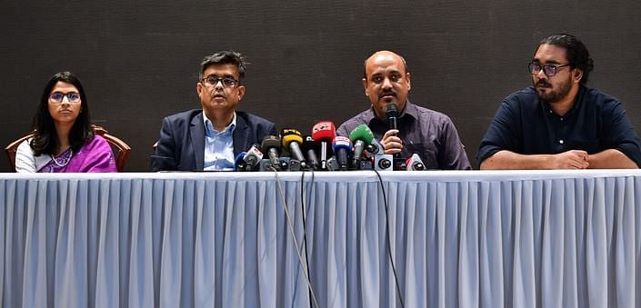 Chief adviser’s deputy press secretary Apurba Jahangir speaks in response to a question of a newsperson at a media conference at the Foreign Service Academy in the capital on 24 November 2024