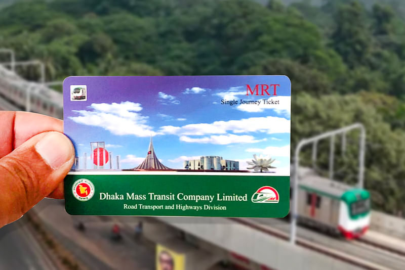 Photo shows a single journey ticket with moving metro rail in the background  